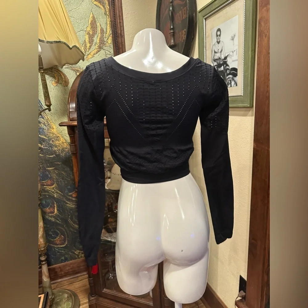 Black Pointelle Long Sleeve Crop Top Workout Yoga S - Picture 5 of 10